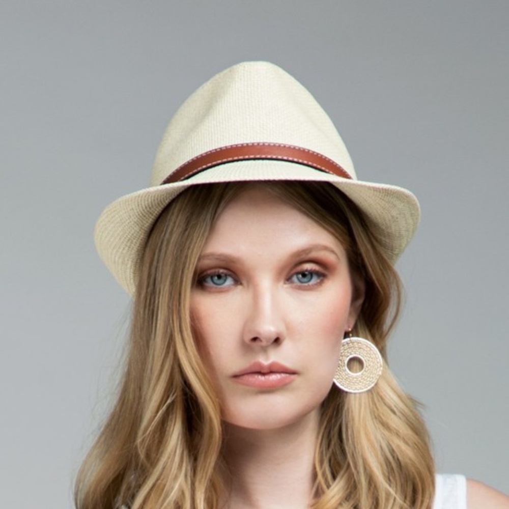 boho leather belted trim straw fedora - Picture 4 of 7